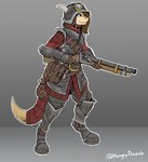 anthro armor digitigrade female gun headgear helmet horn musket ranged_weapon rifle simple_background solo standing tail weapon hungrydazzle mythology dragon mythological_creature mythological_scalie scalie 2022 hi_res