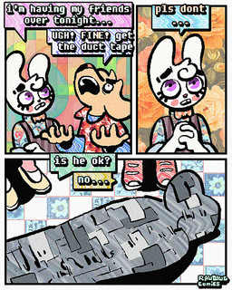 3_panel_comic aloha_shirt anthro bow_tie cheek_spots clothing dialogue duct_tape duo floppy_ears fur half-closed_eyes humor male narrowed_eyes overalls pattern_clothing pattern_shirt pattern_topwear shirt speech_bubble tape teeth text tooth_gap topwear white_body white_fur yellow_body yellow_fur rawdawgcomics bingus_(rawdawgcomics) stahli_(rawdawgcomics) bird_dog canid canine canis domestic_dog golden_retriever hunting_dog lagomorph leporid mammal rabbit retriever 4:5 english_text hi_res