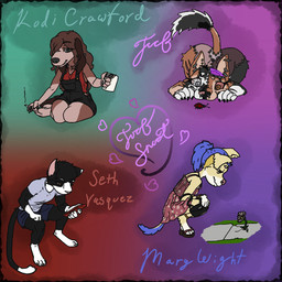 abstract_background amber_eyes anthro brown_body brown_eyes brown_fur brown_hair clothed clothed_female clothed_male clothing coffee_mug ear_piercing electronics facial_piercing female floral_clothing flower footwear fur green_eyes group hair lit_cigarette looking_at_object looking_at_phone looking_at_viewer male male/female multicolored_body multicolored_fur nose_piercing nude nude_female overalls phone piercing plant purple_hair red_clothing red_shirt red_topwear sandals shirt shoes smile staples surgical_suture topwear yellow_body yellow_fur toof_snoot kodi_(toof_snoot) mary_(toof_snoot) seth_(toof_snoot) toof_(toof_snoot) arthropod beetle bird_dog canid canine canis cucujoid domestic_cat domestic_dog felid feline felis hunting_dog insect irish_setter ladybug mammal mixed_breed patchwork_creature saluki setter sighthound tuxedo_cat hi_res