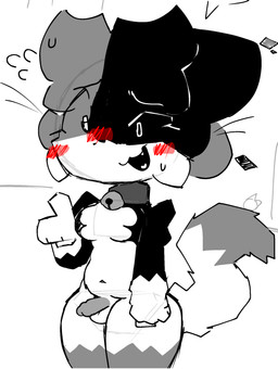 anthro balls bell bell_collar blush blush_lines bodily_fluids collar genitals gynomorph intersex nervous nervous_smile penis small_penis solo sweat sweatdrop moochle animal_humanoid felid felid_humanoid feline feline_humanoid humanoid mammal mammal_humanoid hi_res