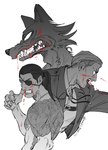 anthro blood bodily_fluids clothed clothing eye_patch eyewear group hair jewelry male muscular muscular_human muscular_male necklace open_mouth ponytail sharp_teeth simple_background snarling tattoo teeth text topless topless_male trio white_background yuzuki_fang111 attack_on_titan beastars yakuza_(series) erwin_smith goro_majima legoshi_(beastars) canid canine canis human mammal wolf 2021 absurd_res greyscale hi_res monochrome url