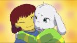 abstract_background ambiguous_gender anthro black_bars duo hug male young young_ambiguous young_anthro young_human young_male ketzel99 undertale undertale_(series) asriel_dreemurr frisk_(undertale) boss_monster_(undertale) bovid caprine goat human mammal letterbox