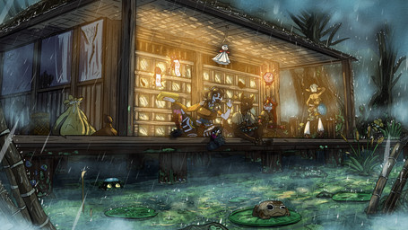 cold feet happy raining runes sitting swamp tattoo warm wooden_house destruteka asian_mythology east_asian_mythology japanese_mythology mythology petria_dark_and_chaotic_series bahou-ren_(destruteka) naoko_sawa_(destruteka) silvia_tenebrous_forest_(destruteka) amphibian bear canid canine canis deer fox frog giant_panda kappa mammal wolf yokai 16:9 4k absurd_res hi_res widescreen