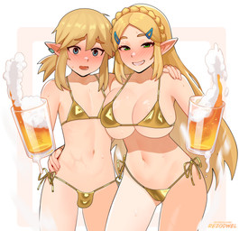 accessory alcohol beer beer_mug beverage big_breasts bikini blonde_hair blue_eyes blush blush_lines bodily_fluids both_sexes_in_same_situation bottomwear breast_squish breasts bulge camel_toe clothing collarbone duo ear_clip ear_piercing eyebrows eyelashes female femboy glistening glistening_breasts gold_bikini gold_bikini_bottom gold_bikini_top green_eyes hair hair_accessory hairclip hand_on_another's_hip hand_on_another's_shoulder hand_on_hip hand_on_shoulder holding_beverage holding_object humanoid_pointy_ears looking_at_viewer male navel not_furry open_mouth piercing pointy_ears side-tie_bikini smile squish string_bikini sweat sweatdrop swimwear two-piece_swimsuit rezodwel breath_of_the_wild golden_week hooters nintendo the_legend_of_zelda link princess_zelda humanoid hylian hi_res