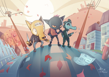 anthro bat_(object) black_body black_fur building cigarette clothing eyelashes fangs female fingers fur green_body group half-closed_eyes house jacket knife leaf male narrowed_eyes notched_ear orange_body orange_fur plant red_eyes sharp_teeth spikes sun sunset teeth topwear tree whiskers yellow_sclera iabokai night_in_the_woods bea_santello gregg_lee mae_borowski canid canine crocodile crocodilian domestic_cat felid feline felis fox mammal reptile scalie 2020