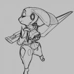 anthro butt clothed clothing cosplay female grey_background half-closed_eyes jet_pack looking_back narrowed_eyes rear_view simple_background solo standing florecentmoo disney zootopia judy_hopps lagomorph leporid mammal rabbit 1:1 2016 absurd_res black_and_white hi_res monochrome