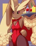 anthro bunny_costume clothing costume female floppy_ears hand_on_hip serving serving_alcohol serving_beverage serving_tray smile smiling_at_viewer solo geminart nintendo pokemon generation_4_pokemon lagomorph lopunny mammal pokemon_(species) 2023 absurd_res digital_drawing_(artwork) digital_media_(artwork) digital_painting_(artwork) hi_res