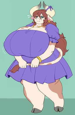 anthro big_breasts breasts brown_body brown_fur cleavage clothed clothing dress female fur hooves huge_breasts hyper hyper_breasts multicolored_body multicolored_fur nipple_outline overweight overweight_female solo thick_thighs two_tone_body two_tone_fur white_body white_fur wide_hips fimif charlotte_(fimif) bovid bovine cattle mammal hi_res