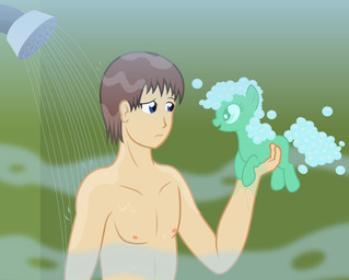 bathing blue_eyes brown_hair duo female hair male nude on_model shower shower_head showering soap soap_pony badumsquish hasbro my_little_pony anon fan_character generic_messy_hair_anime_anon equid equine horse human mammal pony 2015 absurd_res hi_res