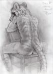 anthro butt chair furniture looking_at_viewer looking_back male nude sad simple_background solo grrrwolf felid mammal pantherine tiger 2017 sketch