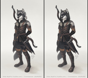 anthro black_body black_fur black_nose boots bow_(weapon) brown_boots brown_clothing brown_footwear clothed clothing dagger footwear fur glistening glistening_eyes grey_eyes grey_hair hair male melee_weapon mouth_closed neutral_expression ranged_weapon shoes simple_background solo standing sword text weapon white_background white_body white_fur mylafox canid mammal 2020 dated full-length_portrait hi_res multiple_images multiple_versions portrait url