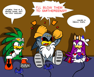 angry anthro arm_on_knee arm_on_leg arm_support backward_arm_support beak bent_arm bent_legs black_sclera blue_eyes bodily_fluids boots bottomwear chest_tuft clothing controller controller_on_ground cord dialogue extended_arm extended_legs eyewear eyewear_on_head female footwear fur game_controller gamecube_controller gaming gloves goggles goggles_on_head green_body grey_body grey_eyes group handwear holding_controller holding_game_controller holding_object kerchief kneeling knock-kneed midriff nintendo_controller on_ground pants planted_leg playing_video_game raised_arms raised_hand shoes sitting sitting_on_ground sunglasses sweat text trio tuft wariza wired_controller darkeiya gamecube nintendo sega sonic_riders sonic_the_hedgehog_(series) jet_the_hawk storm_the_albatross wave_the_swallow accipitrid accipitriform albatross avian bird hirundinid oscine passerine procellariiform swallow_(bird) crossover english_text