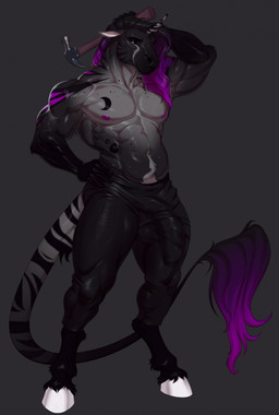 5_fingers abs anthro biceps big_bulge black_body black_bottomwear black_clothing black_fur black_pants body_hair bottomwear bulge clothed clothing deltoids detailed_bulge down_the_leg_bulge fingers fur fur_markings grey_background grey_body grey_fur hair hammer happy_trail highlights_(coloring) holding_hammer holding_object holding_tool hooves horn long_hair male markings multicolored_hair muscular muscular_anthro muscular_male navel nipples pants purple_hair purple_nipples simple_background solo standing striped_body striped_fur stripes tail tight_bottomwear tight_clothing tight_pants tools topless two_tone_hair white_hooves polina_graff mythology equid equine horse mammal mythological_creature mythological_equine unicorn 2025 digital_media_(artwork) hi_res