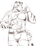 abs anthro clothing fur kemono male muscular muscular_anthro muscular_male nipples pecs simple_background solo hachi_duchi felid mammal pantherine tiger 2018 digital_media_(artwork) hi_res sketch