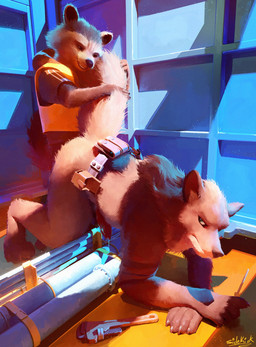 all_fours anal anal_penetration anthro bodily_fluids bottomless bottomless_anthro bottomless_male brown_body brown_fur clothed clothing duo erection feet fingers from_behind_position fur genital_fluids genitals holding_tail leaking_precum looking_back male male/male male_penetrated male_penetrating male_penetrating_male nude penetration penile penile_penetration penis penis_in_ass precum precum_string sex smile standing standing_sex tail toes tools topwear sidekick guardians_of_the_galaxy marvel rocket_raccoon canid canine canis mammal procyonid raccoon wolf digital_media_(artwork) hi_res