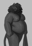 anthro beard belly big_belly casual_nudity closed_smile curled_hair eyebrows eyes_closed facial_hair featureless_crotch grey_background hair happy holding_object male mane moobs mouth_closed navel nipples nude overweight overweight_anthro overweight_male simple_background smile snout solo standing tail thick_thighs three-quarter_view chubby-shark prince_(chubby-shark) felid lion mammal pantherine 2023 digital_media_(artwork) digital_painting_(artwork) greyscale monochrome portrait shaded soft_shading three-quarter_portrait