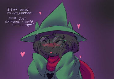 ambiguous_gender anthro black_body black_fur blep blush clothing daww embarrassed eyewear flustered fur glasses hand_on_head hat headgear headwear heart_symbol holding_head not_cute robe smile solo text tongue tongue_out mr-shin deltarune undertale_(series) ralsei bovid caprine darkner goat mammal 2018 digital_media_(artwork) english_text shaded