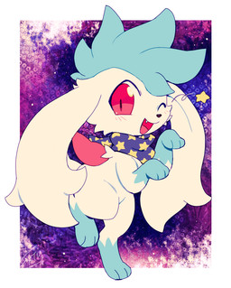 3_fingers 3_toes ambiguous_gender black_nose blue_body blue_fur cheek_tuft cute_fangs facial_tuft fangs feet feral fingers flower fur half-closed_eyes head_tuft looking_at_viewer narrowed_eyes open_mouth paws plant red_eyes scarf simple_background solo star teeth toes tongue tuft white_body white_fur extyrannomon_(artist) nintendo pokemon shai_(shaimin) generation_4_pokemon legendary_pokemon pokemon_(species) shaymin sky_forme_shaymin 2018 hi_res