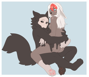 anthro duo female hug male male/female pawpads paws slime transformation gnolub changed_(video_game) puro_(changed) goo_creature lagomorph leporid mammal rabbit hi_res