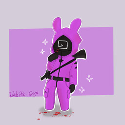 3_fingers ambiguous_anthro ambiguous_gender anthro bent_arm black_clothing black_gloves black_handwear black_mask blood blood_on_clothing bodily_fluids bottomwear clothed clothed_ambiguous clothed_anthro clothing fingers fully_clothed fully_clothed_ambiguous fully_clothed_anthro gloves grey_background gun gun_on_back handwear jacket light long_ears outline pants pockets purple_bottomwear purple_clothing purple_jacket purple_pants purple_topwear ranged_weapon rectangle simple_background solo sparkles standing text topwear weapon white_outline peypey_mei1925 raving_rabbids rayman_(series) squid_game ubisoft guard_(squid_game) humanoid lagomorph mammal rabbid 1:1 2025 crossover digital_drawing_(artwork) digital_media_(artwork) english_description english_text hi_res lighting shaded