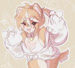 anthro blush breasts clothed clothing collar female fur hair looking_at_viewer open_mouth oversized_clothing simple_background smile solo topwear furbait_(artist) yoko_(character) canid canine canis domestic_dog mammal shiba_inu spitz absurd_res digital_media_(artwork) hi_res