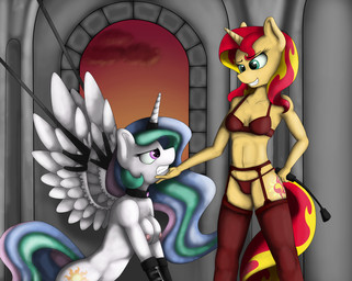 angry anthro anthrofied areola bdsm blue_eyes bondage bound bra breasts captured clothing cloud cutie_mark dominant dominant_female duo dusk feathered_wings feathers female fur hair horn inside mane multicolored_hair navel nipples nude panties pink_eyes riding_crop smile two_tone_hair underwear whip white_body white_fur wings yellow_body yellow_fur pentoolqueen equestria_girls friendship_is_magic hasbro my_little_pony mythology princess_celestia_(mlp) sunset_shimmer_(eg) equid equine mammal mythological_creature mythological_equine unicorn winged_unicorn 2014 absurd_res hi_res