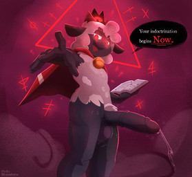5_fingers anthro balls bell bell_collar big_balls big_penis black_balls black_crown black_horn black_nose black_penis bodily_fluids cloak clothing collar dialogue erection fingers fur genital_fluids genitals glans glowing glowing_eyes half-closed_eyes horn huge_balls huge_penis humanoid_genitalia humanoid_penis hybrid_genitalia hybrid_penis leaking_precum looking_at_viewer male medial_ring medial_ringed_humanoid_penis medial_ringed_hybrid_penis musk narrowed_eyes open_mouth penis pose precum purple_glans red_eyes smile solo speech_bubble standing talking_to_viewer text white_body white_fur skweekers cult_of_the_lamb massive_monster_(studio) lamb_(cult_of_the_lamb) red_crown_(cult_of_the_lamb) bovid caprine mammal sheep english_text hi_res