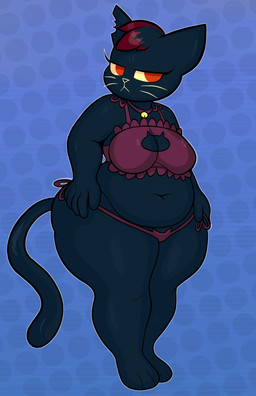 3_toes 5_fingers anthro belly belly_overhang big_breasts blue_body breasts cat_lingerie clothing deep_navel feet female fingers lingerie navel overweight overweight_anthro overweight_female red_eyes solo tail thick_thighs toes whiskers wide_hips blackmore night_in_the_woods mae_borowski domestic_cat felid feline felis mammal absurd_res hi_res