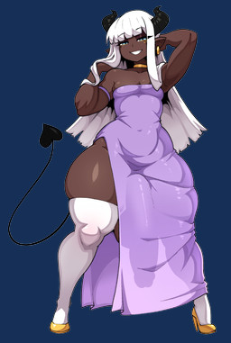 balls biped clothed clothing dark_body dark_skin ear_piercing ear_ring eyelashes femboy footwear genitals high_heels humanoid_pointy_ears legwear male no_underwear not_furry penis piercing pointy_ears pupils purple_clothing ring_piercing shoes smile solo spade_tail tail thigh_highs wide_hips theyeager demon demon_humanoid humanoid absurd_res alpha_channel hi_res