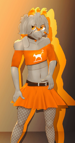 anthro belt bottomwear clothed clothing collar crop_top crossdressing femboy fishnet_clothing fishnet_legwear fishnet_thigh_highs fishnet_undershirt floppy_ears fur grey_body grey_fur hair horn legwear male midriff navel orange_bottomwear orange_clothing orange_crop_top orange_eyes orange_eyeshadow orange_horn orange_shirt orange_skirt orange_topwear shirt skirt solo thigh_highs tongue tongue_out topwear conditional_dnp gusta gusta_(gusta) bovid caprine goat mammal hi_res