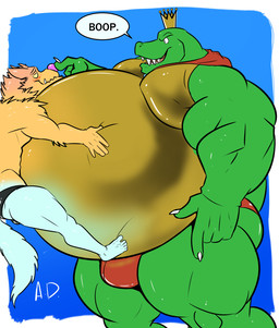 anthro belly big_belly bulge cape clothing crown duo fur green_body headgear huge_belly male male/male musclegut muscular orange_body orange_fur size_difference thong underwear yellow_body deadanthro donkey_kong_(series) nintendo king_k._rool canid canine canis crocodile crocodilian mammal reptile scalie wolf 2018