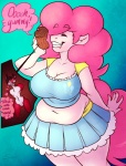 anthro anthro_pred anthrofied belly big_breasts big_hair bottomwear breasts cleavage clothed clothing earth_pony equid equine extreme_size_difference female female_pred food friendship_is_magic hair hasbro hi_res horse imminent_vore mammal midriff muffin my_little_pony overweight overweight_anthro overweight_female pinkie_pie_(mlp) pony size_difference skimpy skirt slightly_chubby solo sweetcreamfizz vore