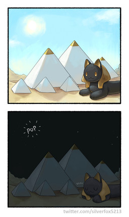 ambiguous_gender black_body day great_pyramids_at_giza headdress night outside pyramid sky sleeping snoring solo sun text yellow_eyes silverfox5213 mythology felid mammal mythological_creature mythological_sphinx 2025 comic english_text hi_res url