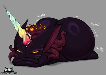 big_butt biped bottom_heavy butt crossed_arms femboy glistening grey_background huge_butt lying male multi_eye not_furry nude on_front onomatopoeia orange_sclera pupils sharp_teeth shortstack shortstack_male simple_background solo sound_effects teeth text thick_thighs wide_hips yellow_eyes ze_blackball.d the_primordial_hunter_(ze_black) humanoid hi_res