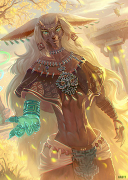anthro biped capelet claws clothed clothed_anthro clothed_male clothing dark_body dark_fur dutch_angle ear_piercing flowing_hair front_view fur hair horn jewelry long_hair looking_at_viewer male midriff multi_eye necklace piercing plant smile solo standing tree white_hair gaby-t nintendo tears_of_the_kingdom the_legend_of_zelda rauru_(tears_of_the_kingdom) korok zonai 2023 digital_media_(artwork) hi_res portrait three-quarter_portrait warm_colors
