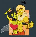 antennae_(anatomy) black_eyes black_hair blonde_hair blue_eyes breasts cleavage clothed clothing duo female fully_clothed hair insect_wings male male/female non-mammal_breasts short_hair small_waist topless wings yellow_body yellow_skin slb cherry_(6liza6) dewcombs_bee_(slb) animal_humanoid arthropod arthropod_humanoid bee_humanoid humanoid hymenopteran hymenopteran_humanoid insect insect_humanoid wasp_humanoid