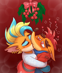 anthro clothed clothing duo ear_piercing ear_ring eyes_closed eyeshadow female fur hair heart_eyes heart_pupils heart_symbol holidays holly_(plant) hug kissing makeup male male/female narrowed_eyes piercing plant ring_piercing romantic romantic_ambiance simple_background standing tail luchosfactory activision christmas crash_bandicoot_(series) crash_bandicoot pirate_tawna bandicoot mammal marsupial absurd_res digital_media_(artwork) hi_res
