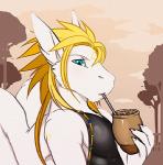 anthro beverage blonde_hair blue_eyes fur hair male solo white_body white_fur wings cerezo mythology siegfried angel_dragon dragon mythological_creature mythological_scalie scalie