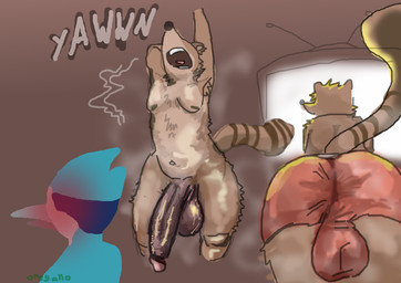 anthro balls beak big_balls big_penis blush bodily_fluids briefs bulge bulge_from_behind butt casual_nudity clothing darkened_genitalia darkened_penis duo electronics genitals head_back huge_penis male musk navel nipples nude_anthro open_mouth penis raccoon_tail stretching sweat sweaty_balls sweaty_genitalia tail television underwear wide_hips yawn yawning_position oregano cartoon_network regular_show mordecai_(regular_show) rigby_(regular_show) avian bird blue_jay corvid jay_(bird) mammal new_world_jay oscine passerine procyonid raccoon absurd_res hi_res