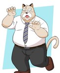 anthro bottomwear bulge clothing humanoid_hands kemono male mature_male necktie one_eye_closed overweight overweight_male pants shirt solo tail topwear wink bullbluedog domestic_cat felid feline felis mammal 2023 hi_res