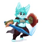 :3 armor blue_body blue_eyes blue_fur blue_hair cape chainmail clothing cute_fangs eyebrows fangs fur fur_markings gauntlets gloves hair handwear holding_object holding_weapon markings melee_weapon motion_lines navel shield shoulder_pads sword teeth weapon white_body white_fur kujalla atlyss roflfox poon_(atlyss) 2025 digital_media_(artwork) hi_res