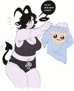 anthro armpit_hair big_breasts black_bottomwear black_clothing black_crop_top black_ears black_hair black_shirt black_shorts black_tail black_topwear body_hair bottomwear breast_squish breasts cleavage clothed clothing crop_top curved_horn dialogue eyes_closed female giggle goat_ears hair hair_over_eye happy_trail holding_clothing holding_object holding_shirt holding_topwear horn hotpants humanoid_hands leg_hair medium_hair motion_lines open_mouth open_smile pale_skin shirt shorts slightly_chubby slightly_chubby_anthro slightly_chubby_female smile solo spade_tail speech_bubble squish stretched_clothing tail tank_top text thick_thighs topwear white_body white_skin y_nose wolfertinger philas_(wolfertinger) bovid caprine demon goat mammal 2024 colored_sketch english_text hi_res sketch trans_(lore) trans_man_(lore)