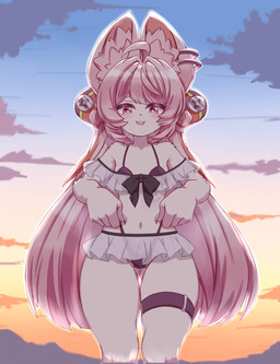 anthro bikini breasts clothed clothing clothing_lift female frilly frilly_clothing frilly_swimwear small_breasts smile solo sunset swimwear two-piece_swimsuit young young_anthro young_female seelespiegel mihoyo zenless_zone_zero zhao_(zenless_zone_zero) lagomorph leporid mammal rabbit absurd_res hi_res adult_(lore)