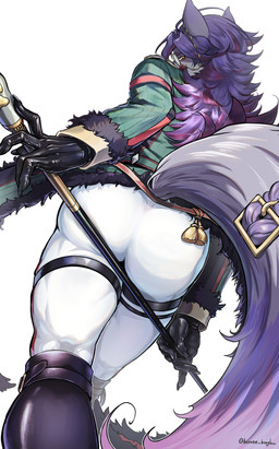 anthro bottomwear butt clothing eyewear fancy_clothing fluffy fluffy_tail fur green_clothing green_topwear grey_body grey_fur grey_hair hair handwear holding_scepter kerchief leg_belt looking_at_viewer looking_back looking_back_at_viewer male monocle multicolored_body multicolored_fur neckerchief neckwear pants rear_view scepter simple_background solo tail topwear two_tone_body two_tone_fur white_body white_bottomwear white_clothing white_fur white_pants yellow_eyes hiirono_bangboo compass_(combat_providence_analysis_system) charles_richter_(compass) canid canine canis mammal wolf 2026 absurd_res hi_res