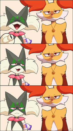 ambiguous_gender anthro choice_band claws collar duo eyes_closed fangs fur gesture green_body green_fur green_hair hair hand_gesture inner_ear_fluff jewelry laugh looking_at_another looking_at_viewer multicolored_body necklace orange_body orange_eyes orange_fur pink_eyes pointing pointing_at_viewer simple_background spread_legs spreading teeth tongue tuft white_body white_fur yellow_body yellow_fur razgrizdl cat_pointing_and_laughing nintendo pokemon unamused_friend_comic_(meme) avery_(razgrizdl) rose_(razgrizdl) canid canine delphox felid feline generation_6_pokemon generation_9_pokemon mammal meowscarada pokemon_(species) 2026 9:16 comic hi_res meme signature female_(lore) sibling_(lore) sister_(lore) sisters_(lore)