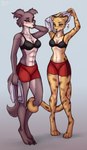 2022 4_toes 5_fingers abs anthro athletic athletic_anthro athletic_female barefoot beastars black_bra black_clothing black_nose black_underwear blush bottomwear bra breasts canid canine canis cheetah claws cleavage clothed clothing countershading curling_tail digital_media_(artwork) digitigrade duo feet felid feline female female/female fingers fur grey_body grey_fur heart_symbol hi_res hindpaw honeymooo humanoid_hands juno_(beastars) mammal markings midriff navel paws sheila_(beastars) shorts smile soft_abs spots spotted_body spotted_fur story story_in_description tail toe_claws toes underwear undressing whiskers wolf yellow_body yellow_fur