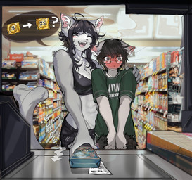 anthro black_hair blush blushing_profusely bra clothing condom convenience_store duo female green_clothing green_shirt green_topwear hair long_hair male muscular muscular_anthro muscular_female sexual_barrier_device shirt slim_anthro slim_male smile smiling_at_viewer topwear underwear conditional_dnp sumiaou domestic_cat felid feline felis mammal hi_res