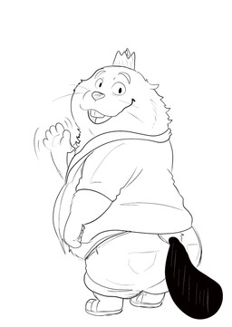 anthro bottomwear clothing crown footwear headgear male open_mouth overweight overweight_male sandals shirt shoes shorts simple_background solo standing topwear rinhatsuyuki disney hoppers_(disney) pixar king_george_(hoppers) beaver mammal rodent 2026 absurd_res black_and_white hi_res monochrome