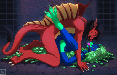 anthro anthro_on_anthro anthro_penetrated anthro_penetrating anthro_penetrating_anthro ball_gag blue_body body_hair dungeon duo eye_contact face_to_face facing_each_other female female_anthro female_penetrated fin from_front_position gag gagged green_body green_hair hair interspecies looking_at_another lying male male/female male_anthro missionary_position on_back penetration red_body sex side_view slime bzarks mythology mihnea_(bzarks) dragon mythological_creature mythological_scalie scalie cel_shading digital_media_(artwork) full-length_portrait hi_res portrait shaded