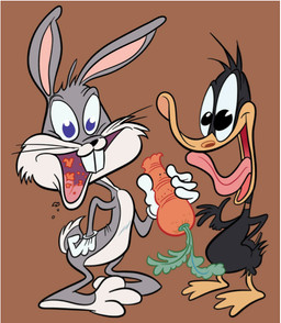 3_toes 4_fingers ambiguous_anthro ambiguous_gender anthro black_body black_eyes black_feathers brown_background buckteeth carrot clothing countershading duo eating feathers featureless_crotch feet fingers food front_view fur gloves gloves_only grey_body grey_fur hand_on_hip handwear handwear_only holding_food holding_object mostly_nude open_mouth open_smile pink_inner_ear plant purple_eyes simple_background smile standing tail teeth toes tongue tongue_out toony vegetable white_body white_clothing white_countershading white_gloves white_handwear john_k looney_tunes warner_brothers bugs_bunny daffy_duck anatid anseriform avian bird duck lagomorph leporid mammal rabbit 2013 digital_drawing_(artwork) digital_media_(artwork) flat_colors